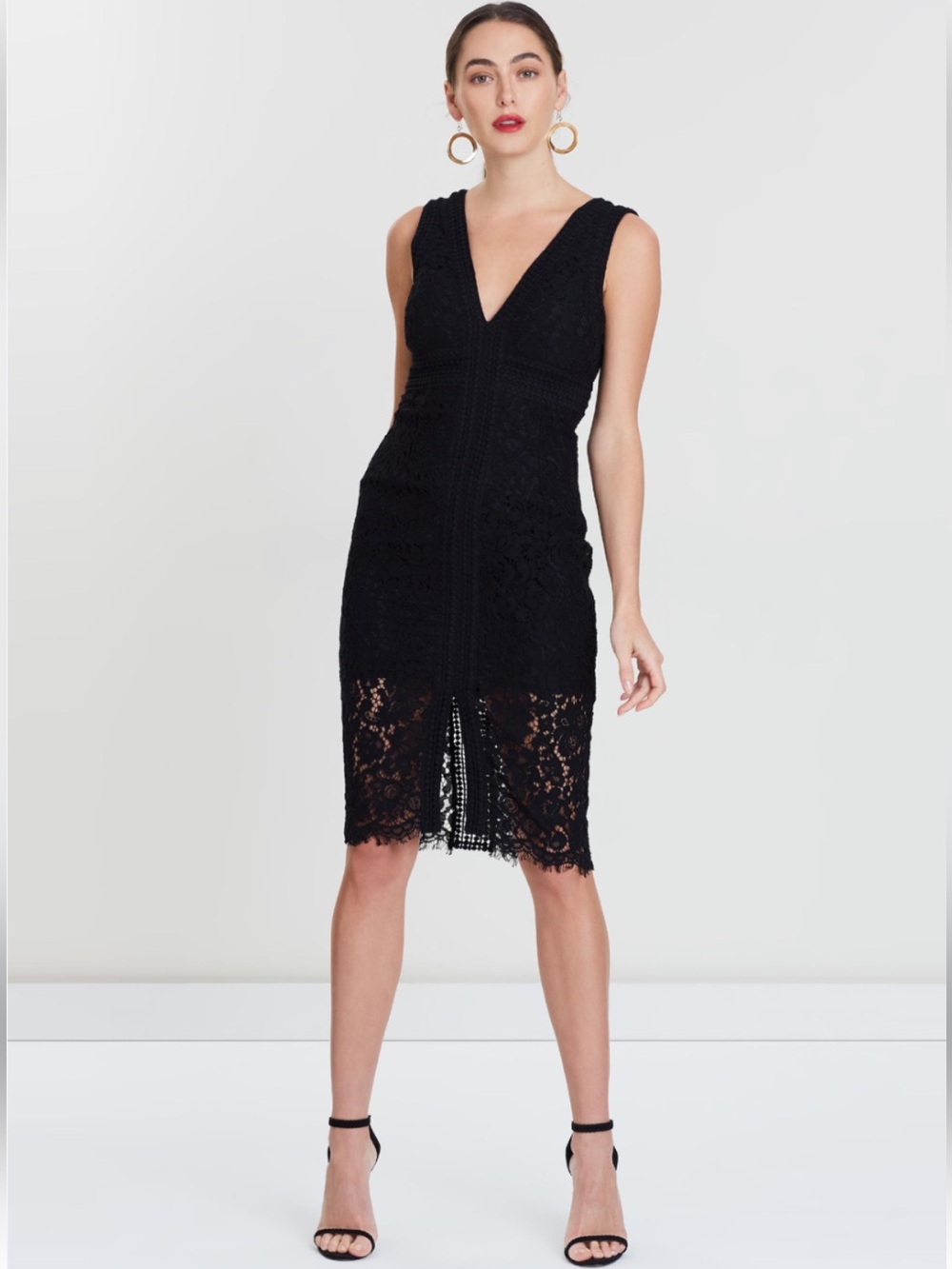 Bardot Black Lace Midi Dress with V-Neck